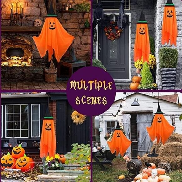 Halloween Decor, 2 Pack Orange Pumpkin Wizard Hat Pre-Installed Pumpkin Ghost - Picture 4 of 8